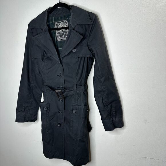 Guess Black Button Down Belted Trench Coat Navy and Green Plaid Interior M - Picture 3 of 13